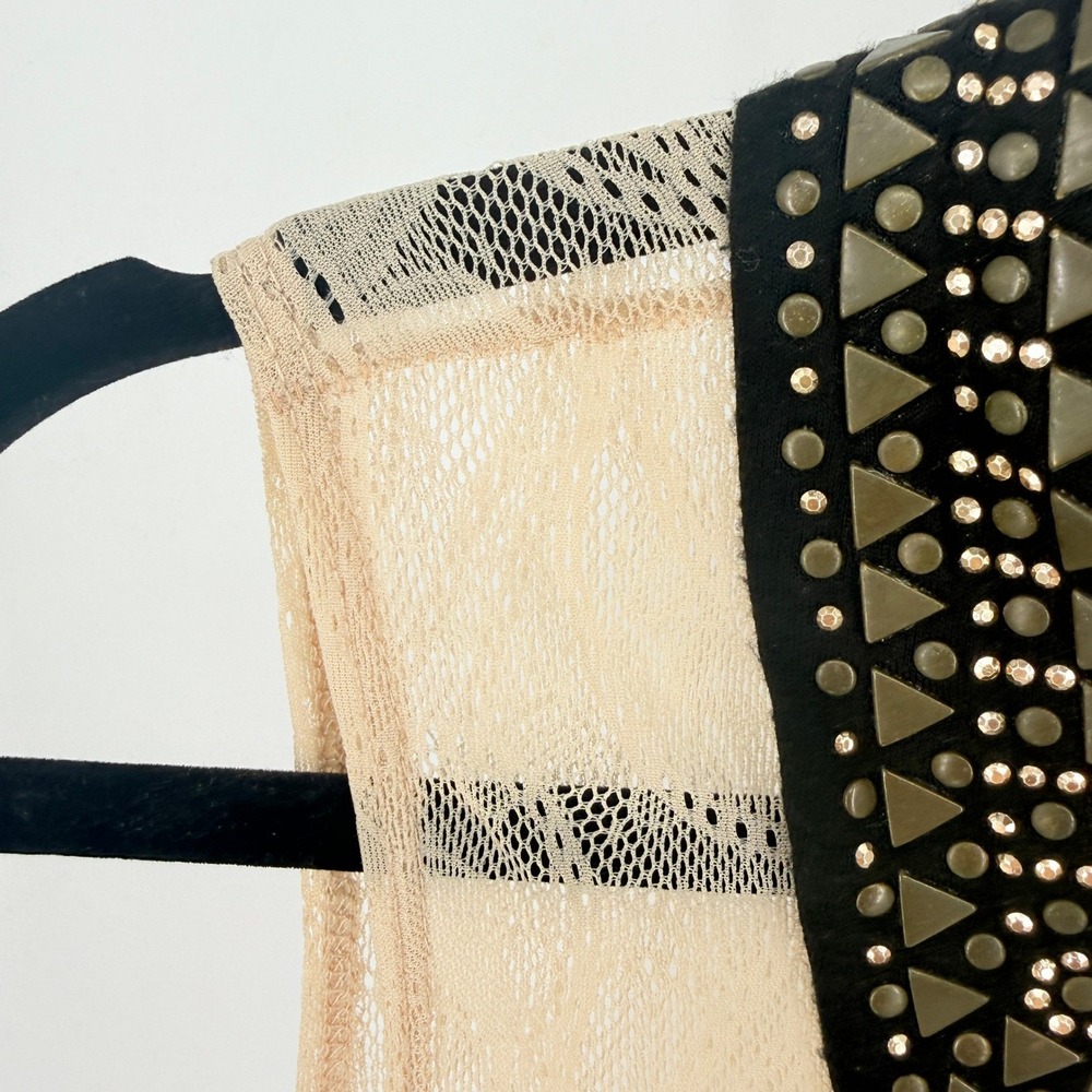 Festival Studded Lace Sheer Top. Sleeveless Beige Black Small Y2K Fairy Grunge - Picture 3 of 11